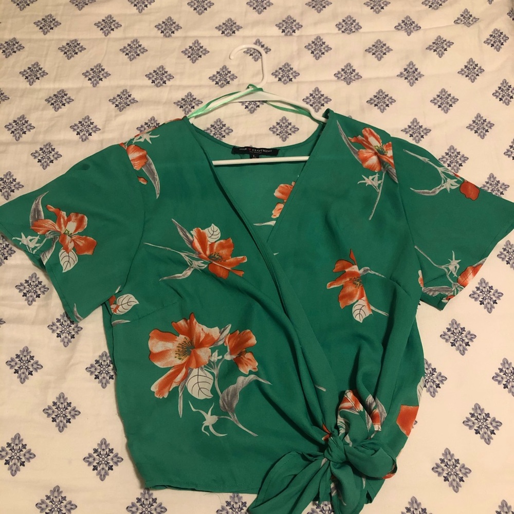 Green floral wrap top